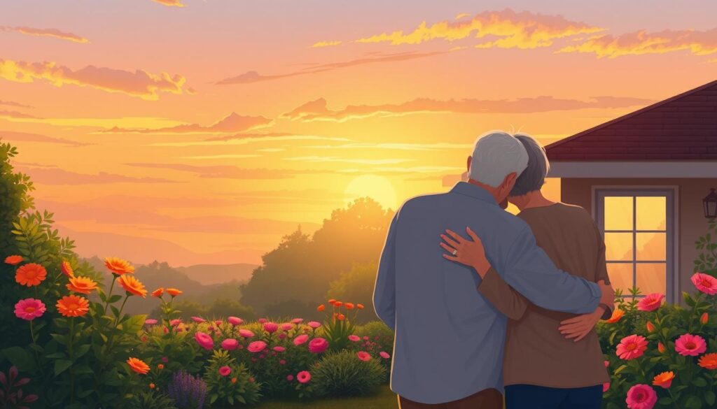 A serene life insurance illustration showcasing a peaceful home landscape. In the foreground, a mature couple embracing, their expressions conveying a sense of security and contentment. In the middle ground, a lush garden with vibrant flowers, symbolizing the growth and protection of their future. The background features a picturesque sunset sky, casting a warm, golden glow over the scene. The lighting is soft and diffused, creating a calming, contemplative atmosphere. The overall composition emphasizes the importance of thoughtful life insurance planning to safeguard one's loved ones and financial future. A serene life insurance illustration showcasing a peaceful home landscape. In the foreground, a mature couple embracing, their expressions conveying a sense of security and contentment. In the middle ground, a lush garden with vibrant flowers, symbolizing the growth and protection of their future. The background features a picturesque sunset sky, casting a warm, golden glow over the scene. The lighting is soft and diffused, creating a calming, contemplative atmosphere. The overall composition emphasizes the importance of thoughtful life insurance planning to safeguard one's loved ones and financial future.