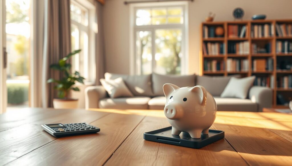 A serene, long-term savings scene set in a cozy, sun-dappled living room. The foreground features a wooden table with a piggy bank and a calculator, symbolizing careful planning and financial discipline. The middle ground showcases a bookshelf filled with financial planning books, while the background depicts a large window overlooking a peaceful, tree-lined street. The lighting is soft and warm, creating a sense of comfort and stability. The overall atmosphere conveys a feeling of financial security and a well-thought-out, sustainable approach to saving for the future. A serene, long-term savings scene set in a cozy, sun-dappled living room. The foreground features a wooden table with a piggy bank and a calculator, symbolizing careful planning and financial discipline. The middle ground showcases a bookshelf filled with financial planning books, while the background depicts a large window overlooking a peaceful, tree-lined street. The lighting is soft and warm, creating a sense of comfort and stability. The overall atmosphere conveys a feeling of financial security and a well-thought-out, sustainable approach to saving for the future.