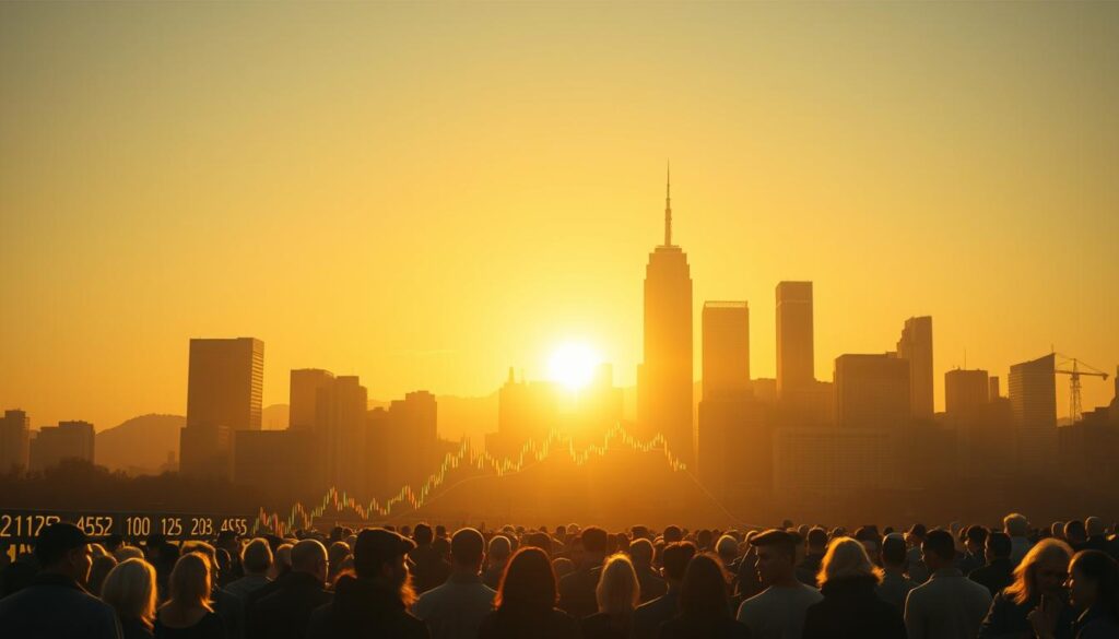 A serene, minimalist cityscape bathed in warm, golden afternoon light. In the foreground, a stock index chart emerges from the shadows, its lines and numbers conveying a sense of both opportunity and risk. The middle ground features a crowd of people, some studying the chart intently, others gesturing animatedly, reflecting the complex emotions and decisions involved in index investing. In the distance, the skyline is dotted with towering skyscrapers, a symbol of the financial power and potential that indexes represent. The overall atmosphere is one of contemplation and cautious optimism, inviting the viewer to consider the rewards and perils of investing in market indexes.
