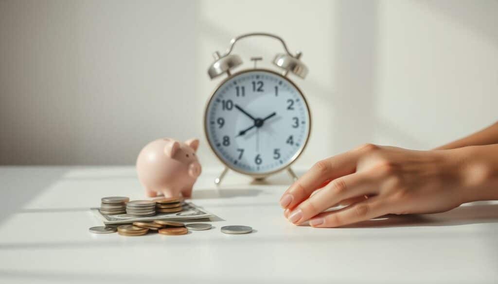 A serene, minimalist composition depicting a personal finance management concept. In the foreground, a person's hands carefully arranging coins, bills, and a small piggy bank on a clean, white surface, symbolizing the act of saving. The middle ground features a simple, elegant digital clock displaying a time representing a monthly interval, underscoring the idea of systematic, consistent savings. The background is a soft, blurred gradient of calming hues, creating a sense of tranquility and focus. Subtle natural lighting casts gentle shadows, emphasizing the tactile nature of the financial elements. The overall mood is one of intentionality, organization, and thoughtful financial planning.
