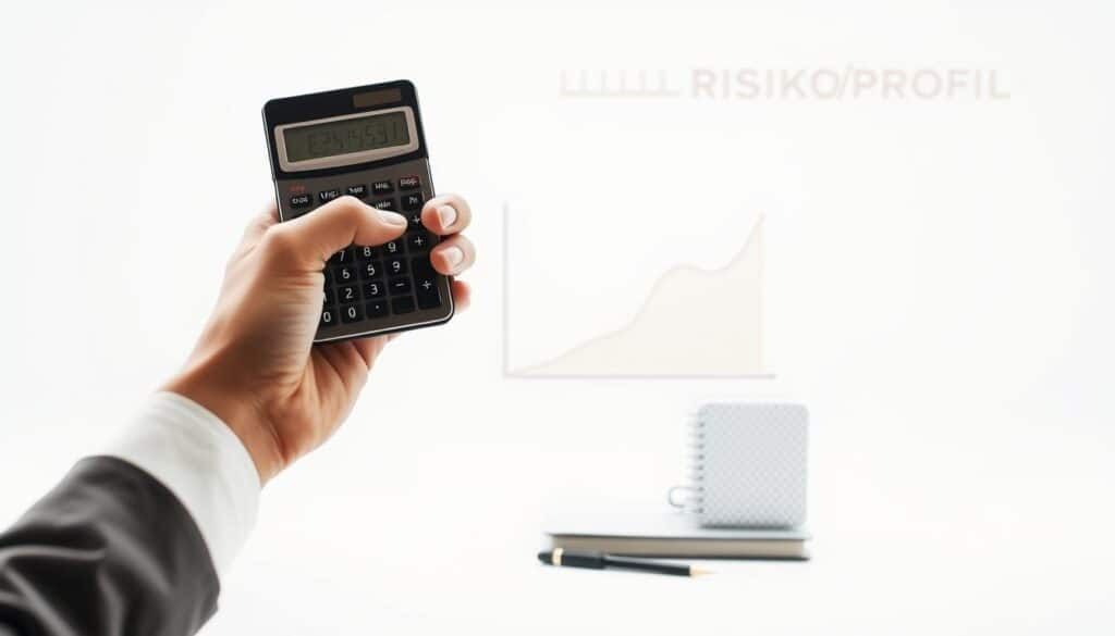 A serene, minimalist composition showcasing a person's "risikoprofil" (risk profile). In the foreground, a well-manicured hand holds a set of classic financial planning tools - a calculator, a pen, and a notebook - against a clean, white backdrop, conveying a sense of thoughtful analysis. The middle ground features a simplified, abstract visualization of a risk/return curve, rendered in muted, earthy tones to evoke a sense of prudence and responsibility. In the background, a soft, out-of-focus cityscape or landscape hints at the broader financial landscape, contributing to an overall atmosphere of careful consideration and strategic planning.