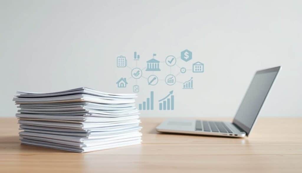 A serene, minimalist composition showcasing various forms of alternative financing options in Lithuania. In the foreground, a stack of neatly organized documents and a sleek, modern laptop symbolize the digital and paperless nature of these alternatives. The middle ground features a selection of financial icons and infographic elements, conveying the range of solutions available. The background is a soft, blurred gradient, allowing the key elements to take center stage. The overall atmosphere is one of professionalism, innovation, and financial empowerment, reflecting the reliable and trustworthy nature of the alternative lending landscape in Lithuania.