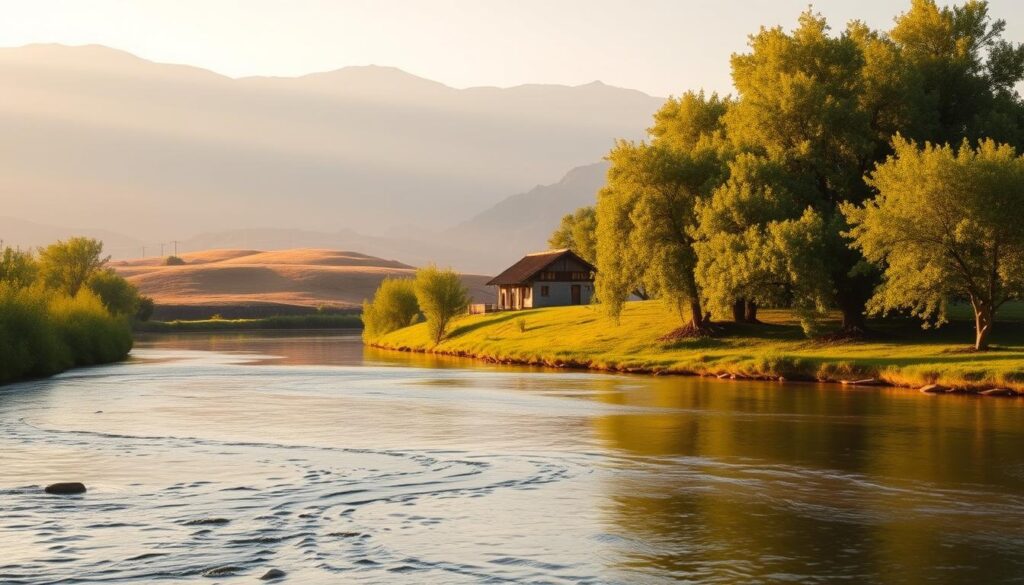 A serene, minimalist landscape depicting passive income streams. In the foreground, a peaceful river flows gently, its surface reflecting the soft, golden sunlight. Lush, verdant trees line the riverbanks, casting dappled shadows. In the middle ground, a small cottage nestled amidst rolling hills, its thatched roof glowing warmly. In the background, a hazy, mountain range fades into the distance, creating a sense of depth and tranquility. The composition is balanced, with a sense of harmony and stability. The lighting is soft and warm, evoking a feeling of comfort and financial security. The overall mood is one of quiet contemplation and financial resilience.