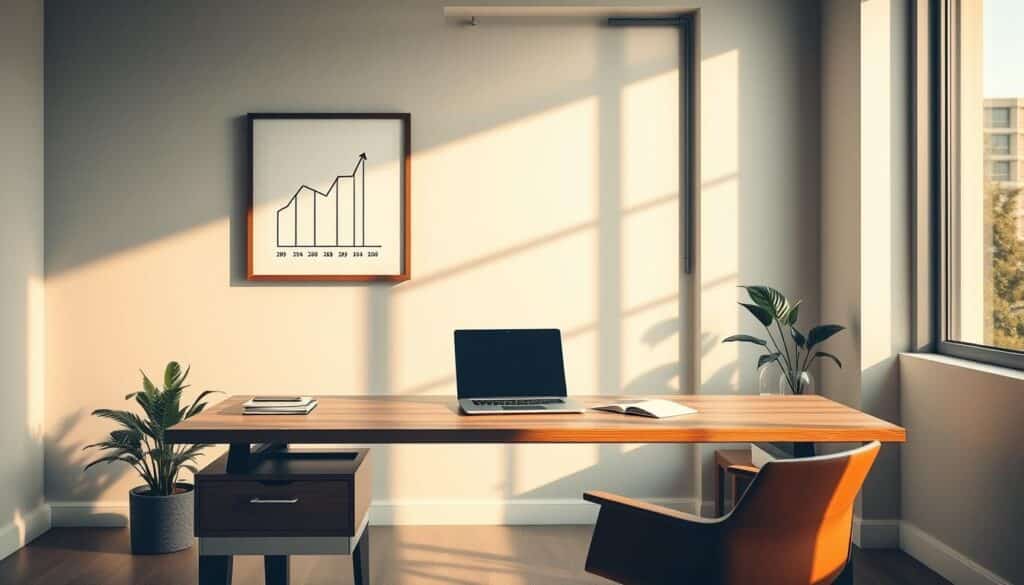 A serene, minimalist office interior with a sleek, modern wooden desk and chair. On the desk, a laptop, a few office supplies, and a framed artwork depicting a simplified financial graph or chart, symbolizing debt management. The room is filled with natural light from large windows, casting warm, soft shadows. The walls are painted in a calming, neutral color palette, with a touch of greenery, such as a potted plant, adding a sense of tranquility. The overall atmosphere conveys a sense of organization, control, and financial well-being. A serene, minimalist office interior with a sleek, modern wooden desk and chair. On the desk, a laptop, a few office supplies, and a framed artwork depicting a simplified financial graph or chart, symbolizing debt management. The room is filled with natural light from large windows, casting warm, soft shadows. The walls are painted in a calming, neutral color palette, with a touch of greenery, such as a potted plant, adding a sense of tranquility. The overall atmosphere conveys a sense of organization, control, and financial well-being.