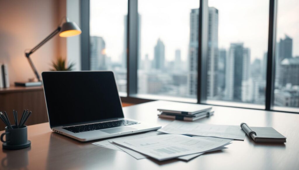 A serene, minimalist office scene with a desk, laptop, and financial documents. The background features a blurred cityscape through a large window, conveying a sense of urban sophistication. Soft, warm lighting from a desk lamp creates a contemplative atmosphere. The camera angle is slightly elevated, giving a birds-eye view of the workspace and inviting the viewer to ponder the subject of "financial psychology" and its role in effective money management.