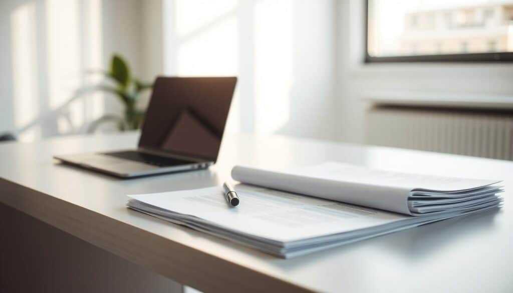 A serene, minimalist office scene with a laptop, a pen, and a stack of documents on a clean, uncluttered desk. The desktop is illuminated by soft, natural lighting streaming in through a nearby window, casting a warm glow over the workspace. The background is blurred, hinting at the modern, professional environment. The focus is on the documents, symbolizing the importance of personal data privacy and security in the context of sensitive personal interactions.