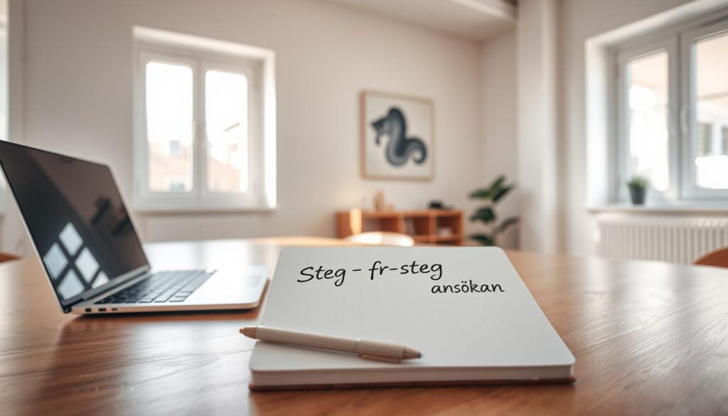 A serene, minimalist office setting. In the foreground, a wooden desk with a laptop, pen, and a clean, organized workspace. The middle ground features an open notebook with handwritten "Steg-för-steg ansökan" in a neat cursive script. Soft, natural lighting filters through large windows, casting a warm glow. In the background, a subtle abstract art piece hangs on the wall, complementing the clean, professional atmosphere. The overall composition exudes a sense of focus, efficiency, and ease of use, reflecting the online bank card application process.