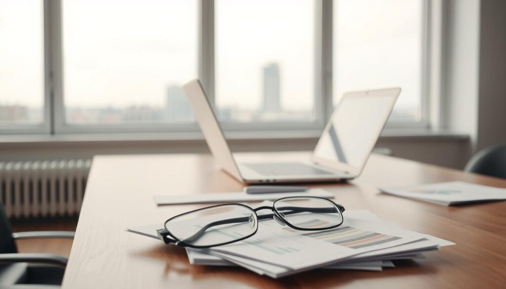 A serene, minimalist office space with a wooden desk, a laptop, and a few essential documents neatly arranged. The lighting is soft and diffused, creating a contemplative atmosphere. In the foreground, a pair of reading glasses rests on top of some financial reports, hinting at the thoughtful, analytical nature of the "skattemæssige overvejelser" (tax considerations) being explored. The background features a large window overlooking a tranquil cityscape, suggesting the broader financial and economic context. The overall scene conveys a sense of careful deliberation and responsible wealth management.