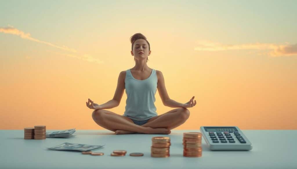 A serene, minimalist scene depicting a person in a meditative pose, surrounded by financial symbols and elements. The figure sits cross-legged, eyes closed, exuding a sense of calm and focus. In the background, a gradient sky transitions from soft blues to golden hues, creating a warm and inviting atmosphere. Wisps of clouds add a touch of ethereal beauty. In the foreground, neatly stacked coins, bank notes, and a calculator symbolize financial well-being. The overall mood is one of financial mindfulness, balance, and a healthy relationship with money. A serene, minimalist scene depicting a person in a meditative pose, surrounded by financial symbols and elements. The figure sits cross-legged, eyes closed, exuding a sense of calm and focus. In the background, a gradient sky transitions from soft blues to golden hues, creating a warm and inviting atmosphere. Wisps of clouds add a touch of ethereal beauty. In the foreground, neatly stacked coins, bank notes, and a calculator symbolize financial well-being. The overall mood is one of financial mindfulness, balance, and a healthy relationship with money.
