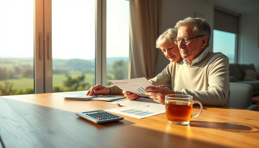 A serene, minimalist scene depicting a retired couple carefully reviewing financial documents and charts on a wooden table, illuminated by warm, natural lighting from a large window. In the foreground, a calculator and a cup of tea suggest a thoughtful, methodical approach to retirement planning. In the middle ground, the couple's expressions convey a sense of security and contentment, while the background features a tranquil, natural landscape visible through the window, creating a calming ambiance. The overall composition and attention to detail capture the essence of diligent retirement fund management.