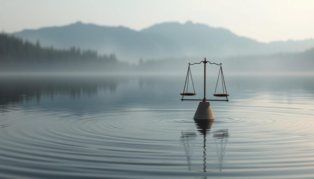A serene, minimalist scene depicting the concept of "riskijuhtimine" (risk management). In the foreground, a serene, reflective pond with rippling water. Partially submerged in the pond, a scale-like representation of risk, balanced on a fulcrum. The middle ground features a tranquil forest backdrop, with muted colors and soft, diffused lighting, conveying a sense of order and control. The background showcases a mountainous landscape, symbolizing the challenges and complexities of risk management. The overall mood is one of thoughtfulness, balance, and a measured approach to navigating uncertainties.
