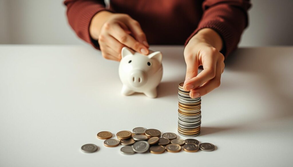A serene, minimalist scene depicting the concept of "varčevanje" (saving/thrift). In the foreground, a person's hands carefully counting and stacking coins, their expression focused and intentional. The middle ground features a small piggy bank, its ceramic form simple yet iconic, symbolizing the accumulation of savings. The background is a soft, muted palette, perhaps a neutral-toned desk or table, creating a sense of calm and efficiency. Warm, diffused lighting casts gentle shadows, highlighting the intentionality of the saving process. The overall atmosphere conveys the importance of developing efficient saving habits and the quiet satisfaction of watching one's savings grow.