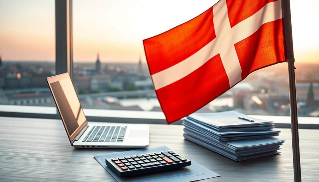 A serene, minimalist scene of financial optimization. In the foreground, a Danish flag billows gently, symbolizing the national context. Behind it, a desk with a laptop, calculator, and neatly stacked documents, representing the tools of tax planning. The background features a panoramic view of the Copenhagen skyline, bathed in warm, golden-hour lighting that casts a sense of prosperity and stability. The overall composition conveys a mood of diligent, well-considered financial strategy, tailored to the Danish investment landscape.
