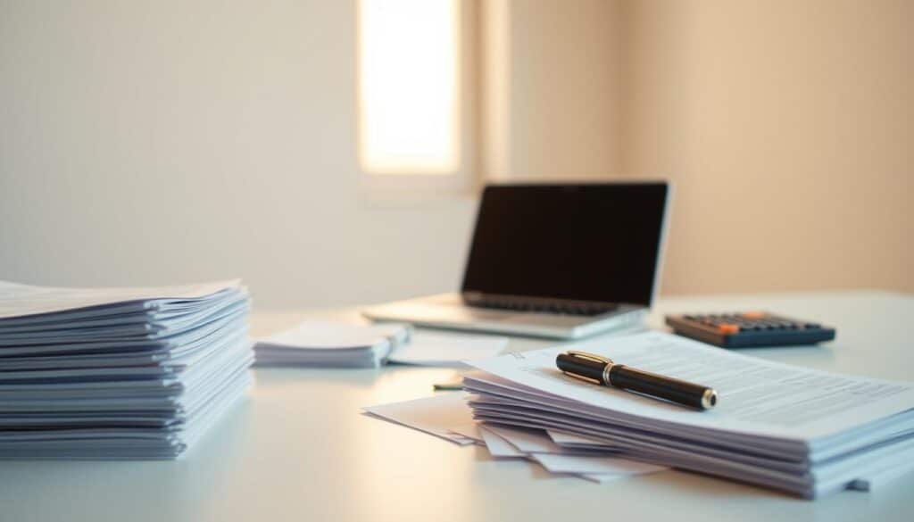 A serene, minimalist study of debt management. In the foreground, a tranquil scene of stacks of paperwork, neatly organized, symbolizing the process of methodically tackling financial obligations. The middle ground features a laptop, calculator, and pen, tools for budgeting and strategizing debt reduction. The background is a softly blurred landscape, conveying a sense of calm control and clarity amidst the complexities of personal finance. Warm, diffused lighting emanates from a single window, casting a soothing glow over the scene. The overall atmosphere exudes a meditative, focused approach to the challenges of debt management.