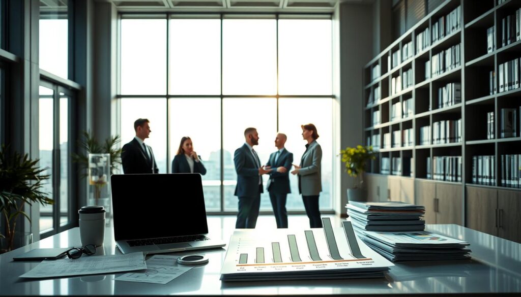 A serene, modern office interior with an abundance of natural light filtering through large windows. In the foreground, a neatly organized desk displays various financial documents, laptop, and a stylized illustration depicting different types of financial solutions. The middle ground showcases a team of professionals in business attire engaged in a collaborative discussion, their expressions focused and engaged. In the background, a sleek, minimalist bookshelf lined with financial publications creates a sense of professionalism and expertise. The overall atmosphere evokes a mood of productivity, problem-solving, and a commitment to providing comprehensive financial solutions.