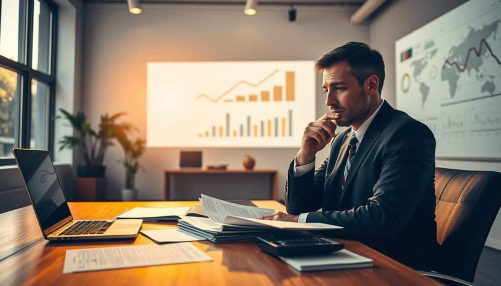 A serene office environment, bathed in warm, natural light filtering through large windows. In the foreground, a wooden desk with a laptop, calculator, and neatly organized financial documents. The middle ground features a thoughtful executive, brow furrowed as they review spreadsheets, carefully considering the implications of financial risks. In the background, abstract charts and graphs projected onto a wall, visualizing the complex landscape of financial data. The overall atmosphere is one of focused deliberation, with a touch of tranquility, as the financial professional meticulously evaluates the methods for effective assessment of financial risks.