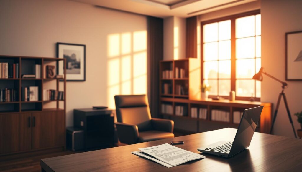 A serene office interior with a desk, chair, and bookshelves in the background. On the desk, a laptop, some documents, and a calculator, symbolizing financial planning and tax optimization. Warm, indirect lighting creates a contemplative atmosphere. The walls are adorned with minimalist art pieces and a large window allows natural light to flood the space. The overall scene conveys a sense of professionalism, expertise, and attention to financial details. A serene office interior with a desk, chair, and bookshelves in the background. On the desk, a laptop, some documents, and a calculator, symbolizing financial planning and tax optimization. Warm, indirect lighting creates a contemplative atmosphere. The walls are adorned with minimalist art pieces and a large window allows natural light to flood the space. The overall scene conveys a sense of professionalism, expertise, and attention to financial details.