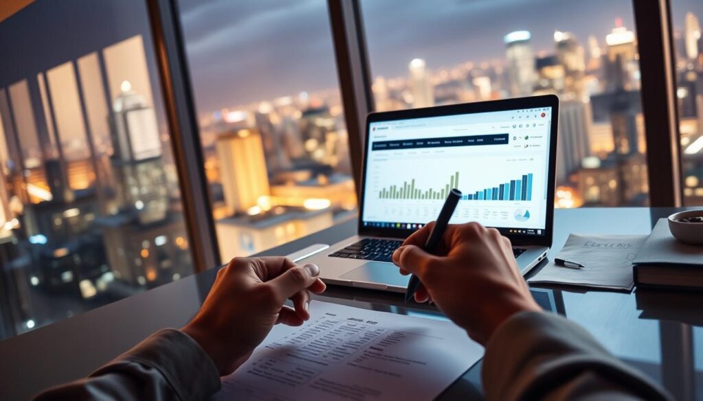 A serene office setting, with a large window overlooking a bustling city skyline. On the desk, a laptop displays a financial dashboard, surrounded by neatly organized documents and a strategically placed cup of coffee. The lighting is soft and warm, creating a contemplative atmosphere. In the foreground, a person's hands are visible, holding a pen and carefully considering their next investment move. The composition emphasizes the balance between technology, data, and the human decision-making process, reflecting the theme of "Investment Strategy: Risk Management and Opportunity Capture".