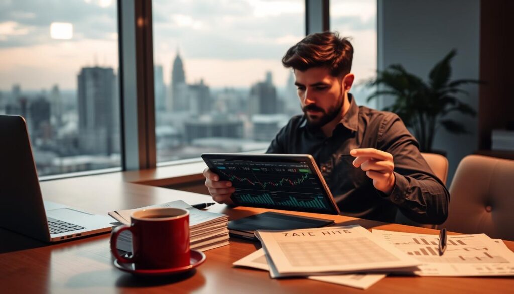 A serene office setting with a large window overlooking a cityscape. On the desk, a laptop, a stack of financial documents, and a mug of steaming coffee. In the foreground, a beginner investor studying a tablet, carefully analyzing stock charts and financial data. Soft, warm lighting illuminates the scene, creating an atmosphere of concentration and determination. The mood is one of focused exploration, as the investor navigates the complexities of investment strategies, ready to embark on their financial journey.