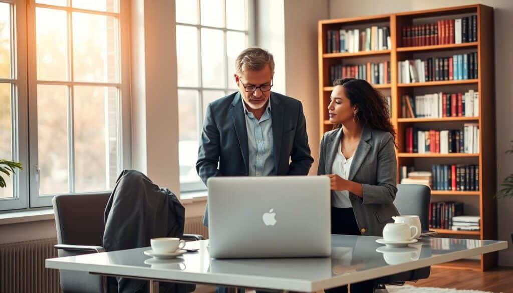 A serene office setting with a mentor and mentee engaged in a thoughtful discussion. Warm, natural lighting filters through large windows, casting a soft glow. The mentor, in a well-tailored suit, leans forward attentively, while the mentee, in smart casual attire, listens intently. Between them, a sleek, minimalist desk with a laptop and a cup of coffee symbolizes their collaborative efforts towards financial freedom. The background features a bookshelf filled with finance-related tomes, hinting at the wealth of knowledge shared in this mentorship. The overall atmosphere exudes a sense of guidance, trust, and a path towards financial empowerment.