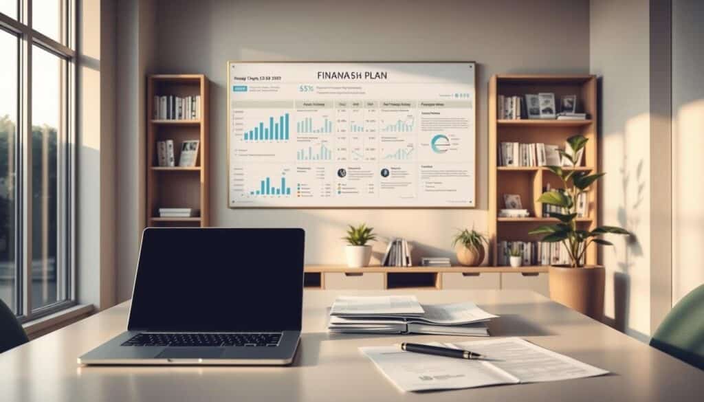 A serene office setting with a modern, minimalist aesthetic. In the foreground, a desk features a laptop, a pen, and a stack of financial documents. Soft, natural lighting filters through large windows, casting a warm glow over the scene. In the middle ground, a wall-mounted display showcases a personalized financial plan, with charts, graphs, and tailored recommendations. The background features bookshelves filled with financial publications and a potted plant, creating a professional and welcoming atmosphere. The overall mood is one of thoughtful, tailored financial guidance.