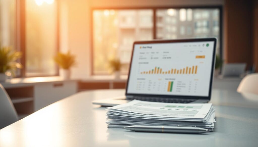 A serene office setting, with a sleek, modern desk and a laptop displaying a credit rating dashboard. Warm, natural lighting filters through large windows, casting a soft glow on the scene. In the foreground, a carefully arranged stack of financial documents and a pen, symbolizing the importance of credit ratings in personal and business decision-making. The middle ground features a minimalist, monochromatic color palette, allowing the credit rating information to take center stage. The background subtly blurs, creating a sense of focus and depth, while hinting at the broader financial landscape. The overall atmosphere conveys a sense of professionalism, diligence, and the gravity of credit ratings in shaping one's financial future.