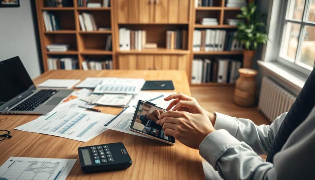 A serene office setting, with a wooden desk and bookshelves in the background. On the desk, there are various financial documents, a laptop, and a calculator. In the foreground, a person sits at the desk, their hands on a tablet, thoughtfully planning their budget for different life stages - from starting a career, to getting married, to retirement. Soft, natural lighting filters in through a window, creating a warm, contemplative atmosphere. The overall scene conveys the importance of financial planning and budgeting throughout one's life journey.