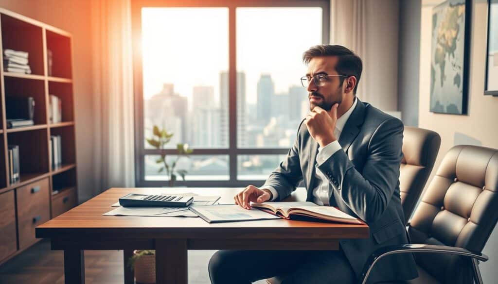 A serene office setting with a wooden desk, shelves, and a large window overlooking a cityscape. On the desk, an open book, a calculator, and various financial documents. Soft, natural lighting filters through the window, creating a warm and inviting atmosphere. In the foreground, a thoughtful individual in business attire sits at the desk, appearing engaged in financial planning or advice-giving. The overall scene conveys a sense of expertise, productivity, and a commitment to providing reliable financial guidance.