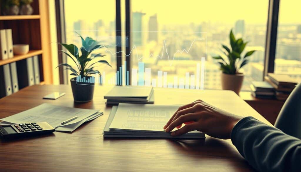 A serene office setting with a wooden desk, where a carefully organized arrangement of financial documents, a calculator, and a potted plant sit. The lighting is soft and warm, creating a contemplative atmosphere. In the foreground, a pair of hands thoughtfully considers investment strategies, weighing the risks and potential rewards. The middle ground features a holographic display showcasing various financial graphs and charts, providing data-driven insights. In the background, a large window overlooks a cityscape, symbolizing the broader economic landscape. The overall scene conveys a sense of diligent risk management, financial prudence, and a measured approach to investing.