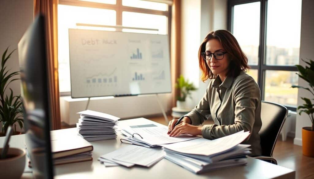 A serene office space with a person sitting at a minimalist desk, meticulously organizing financial documents and spreadsheets. Warm, natural lighting filters in through large windows, casting a soft glow on the scene. In the background, a clean, uncluttered whiteboard displays a visual representation of debt reduction strategies. The person's expression is one of focus and determination, conveying the sense of taking control of their financial situation. The overall atmosphere is one of calm, productivity, and a sense of progress being made in managing and reducing outstanding debts.