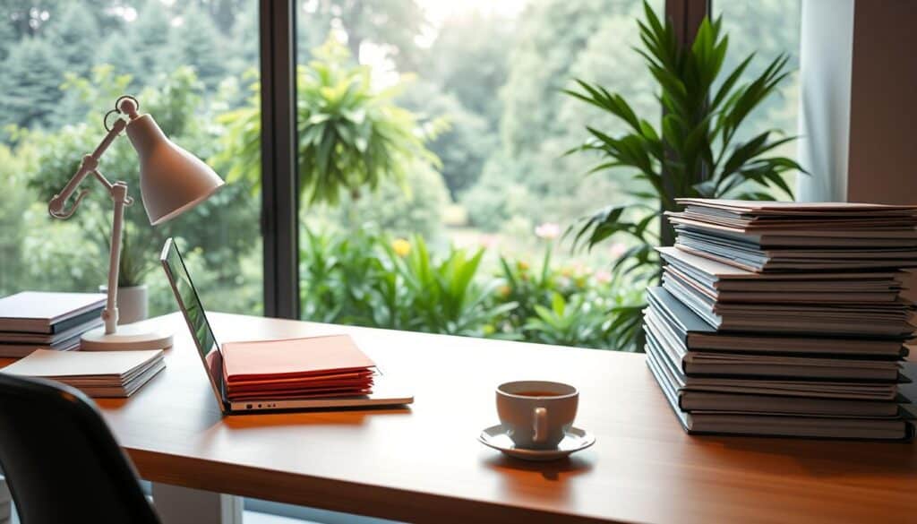 A serene office workspace with a meticulously organized desk, featuring a laptop, a stack of colorful folders, and a cup of coffee. The lighting is soft and diffused, creating a warm, inviting atmosphere. In the background, a large window offers a picturesque view of a lush, verdant garden, conveying a sense of balance and flexibility. The overall composition suggests a harmonious blend of productivity and tranquility, reflecting the concept of "flexible budgeting" for a secure financial future.