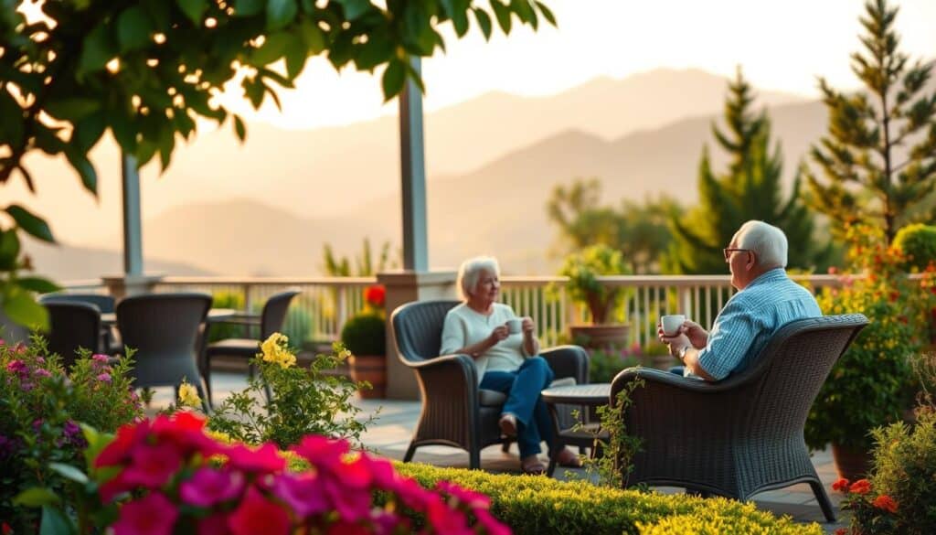 A serene outdoor scene of a retiree's dream lifestyle. A well-manicured garden in the foreground, with lush greenery and vibrant flowers. In the middle ground, a cozy patio with comfortable wicker furniture, where an older couple sips coffee and enjoys the tranquil atmosphere. The background features a picturesque mountain range, bathed in soft, golden afternoon light. The overall mood is one of contentment, relaxation, and a sense of a fulfilling, post-retirement lifestyle.