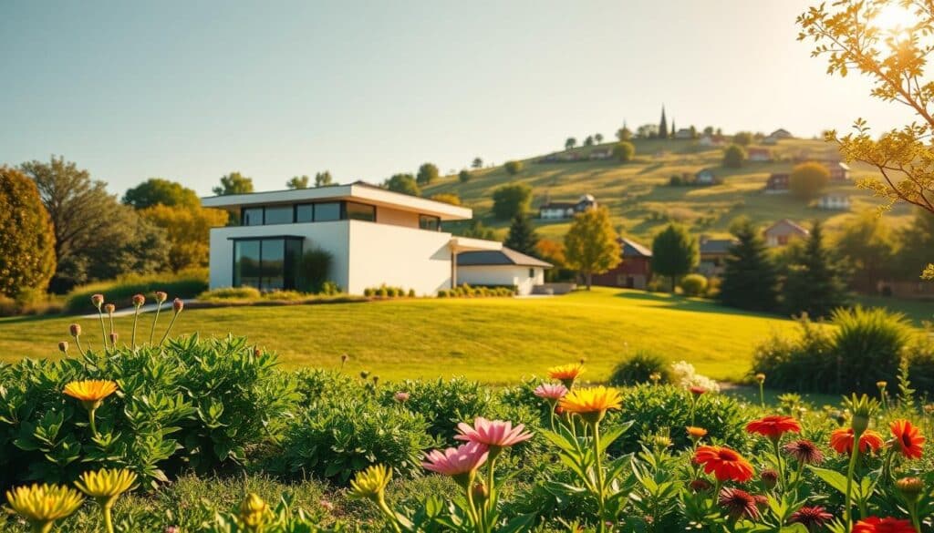A serene, peaceful scene of an idyllic investment landscape for beginners. In the foreground, a well-manicured garden with lush greenery and vibrant flowers, symbolizing the growth and nurturing of financial investments. In the middle ground, a modern, minimalist house with clean lines and large windows, representing the secure and stable foundation of personal finance. In the background, a rolling hill dotted with small, whimsical houses, hinting at the diverse opportunities and possibilities of smart investment strategies. The scene is bathed in warm, golden sunlight, conveying a sense of optimism and prosperity. The overall atmosphere is one of tranquility, balance, and the promise of a bright financial future.