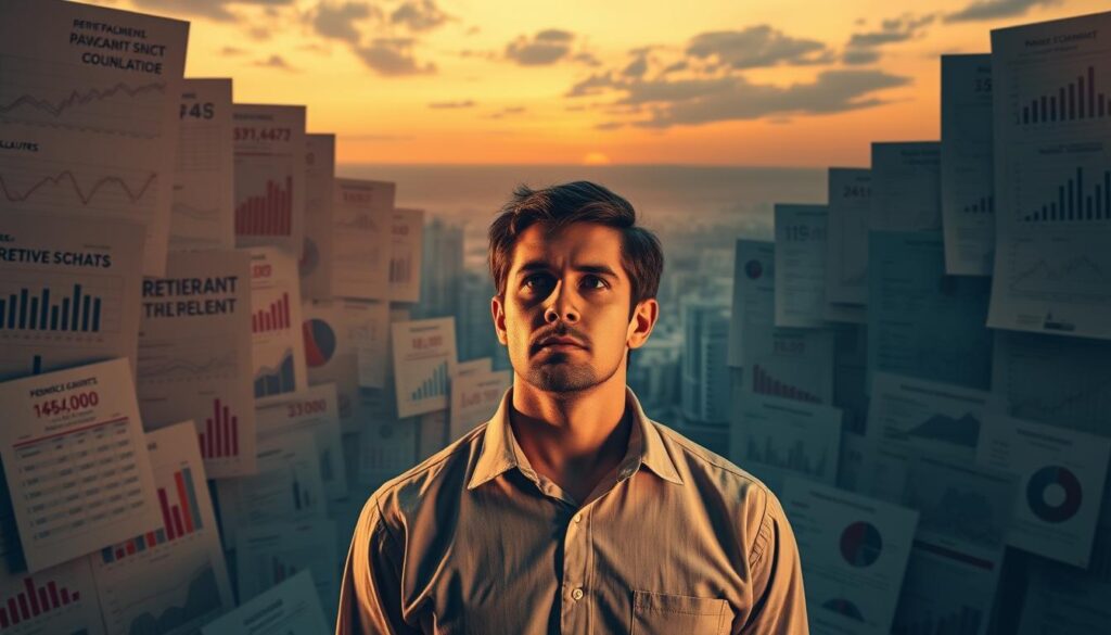 A serene, pensive scene set against a backdrop of towering financial charts and graphs. In the foreground, a contemplative individual stands amidst a maze of complex pension planning documents, expressions betraying the challenges of securing a comfortable retirement. Warm, muted lighting casts a thoughtful glow, underscoring the weight of the decision-making process. The middle ground features a blend of savings calculators, retirement age projections, and investment portfolios, symbolizing the intricate web of factors to navigate. In the distance, a horizon of uncertainty looms, hinting at the unpredictable nature of long-term financial planning. The overall mood evokes a sense of deep contemplation, as the viewer is drawn into the subject's internal deliberation on the hurdles of pension savings.