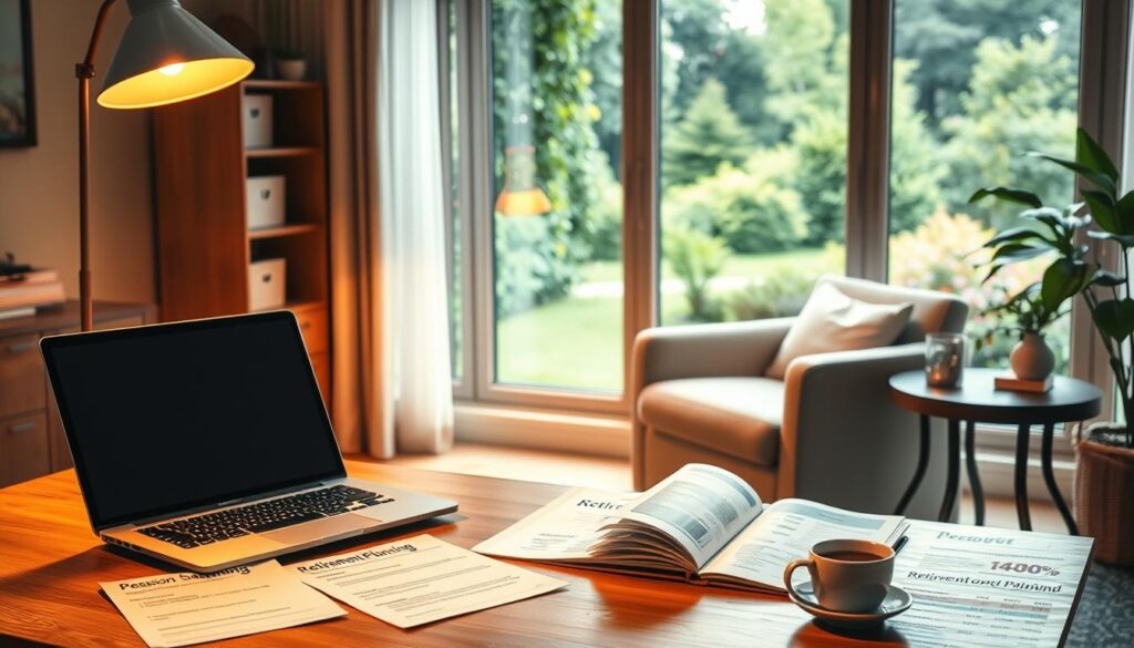 A serene retirement planning scene with a well-appointed home office. In the foreground, a wooden desk holds a laptop, pension statements, and a retirement planning guidebook. Warm lighting from a floor lamp creates a contemplative atmosphere. In the middle ground, a comfortable armchair and side table with a cup of coffee suggest a moment of reflection. The background features a large window overlooking a lush, tranquil garden, symbolizing the peaceful transition into retirement. The overall composition conveys a sense of financial security and personal fulfillment in one's golden years.