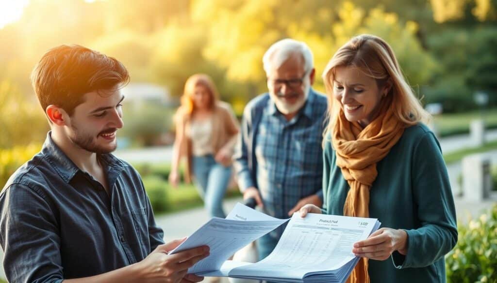 A serene scene depicting various stages of life's journey. In the foreground, a young adult navigates a financial ledger, meticulously planning their budget. Behind them, a middle-aged couple smiles contentedly as they review their retirement savings. In the distance, an elderly couple strolls through a lush, peaceful garden, symbolizing the rewards of a lifetime of responsible financial management. The scene is bathed in warm, golden light, creating a sense of tranquility and security. The composition emphasizes the interconnectedness of different life phases and the importance of financial planning throughout one's life.