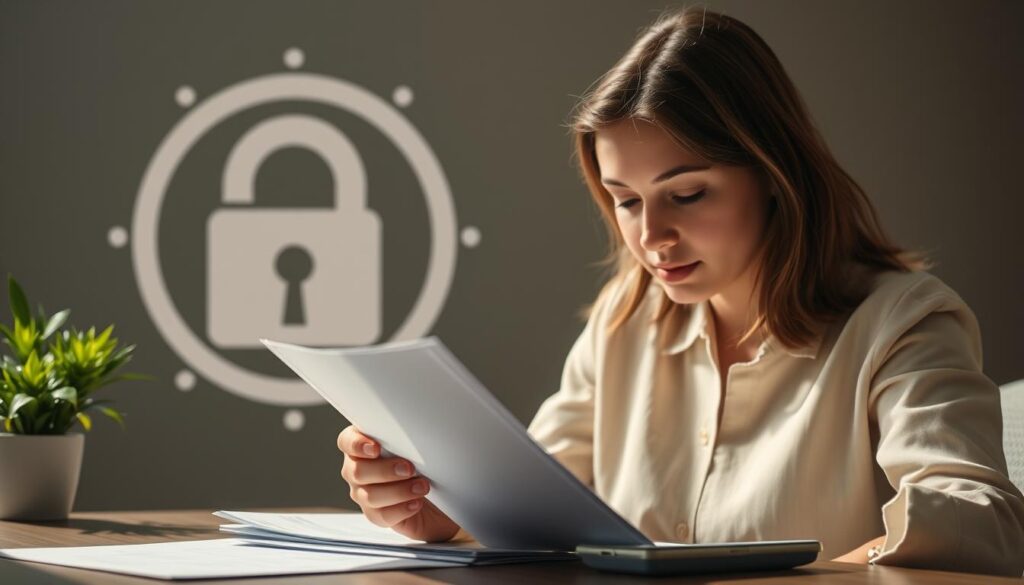 A serene scene of a person carefully examining financial documents, surrounded by symbols of financial security and consumer protection. The lighting is soft and warm, creating a sense of trust and reassurance. In the background, a stylized graphic of a locked padlock and shield represents the importance of safeguarding personal finances. The composition is balanced, with the subject positioned centrally, conveying a message of vigilance and responsible financial management.