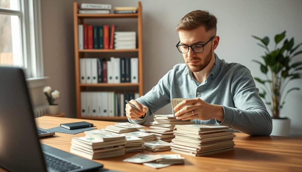 A serene scene of a person sitting at a wooden desk, meticulously counting and organizing stacks of banknotes. The soft, natural lighting illuminates the workspace, creating a sense of calm and focus. In the background, a bookshelf filled with financial books and a potted plant add a touch of warmth to the minimalist setup. The person's expression is one of concentration and determination, reflecting the importance of the task at hand - managing personal finances and building wealth through disciplined saving. A serene scene of a person sitting at a wooden desk, meticulously counting and organizing stacks of banknotes. The soft, natural lighting illuminates the workspace, creating a sense of calm and focus. In the background, a bookshelf filled with financial books and a potted plant add a touch of warmth to the minimalist setup. The person's expression is one of concentration and determination, reflecting the importance of the task at hand - managing personal finances and building wealth through disciplined saving.