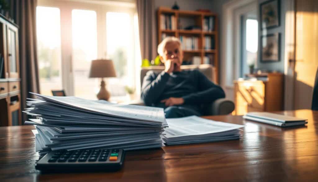 A serene scene of a person thoughtfully considering their pension savings. In the foreground, a stack of financial documents and a calculator rest on a polished wooden desk, bathed in warm, soft lighting. In the middle ground, the person sits in a comfortable armchair, contemplating their retirement plans with a thoughtful expression. The background features a cozy, sun-drenched home office, with bookshelves and a large window overlooking a peaceful garden. The overall atmosphere is one of careful deliberation and financial responsibility, reflecting the practical steps involved in starting a pension savings plan.
