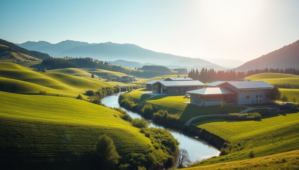 A serene scene of sustainable investments in Slovenia. In the foreground, a lush green landscape with rolling hills and a river winding through. In the middle ground, modern eco-friendly buildings with solar panels on the roofs, reflecting the sun's rays. In the background, a mountain range with a clear blue sky, symbolizing the long-term sustainability of these investments. The lighting is soft and natural, creating a tranquil atmosphere. The camera angle is slightly elevated, providing a panoramic view of the scene. The overall mood conveys a sense of harmony between technology, nature, and responsible financial strategies.