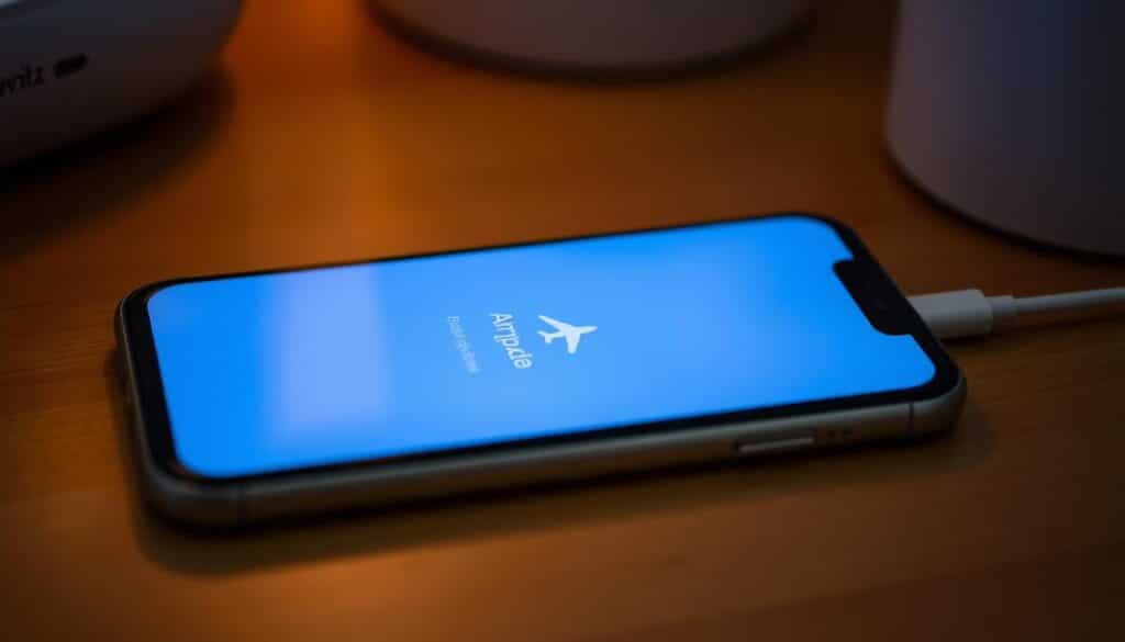 A serene smartphone screen displaying the "Airplane Mode" icon, its soft blue hue casting a calming glow on the surrounding environment. The device rests on a wooden surface, its minimalist design complementing the warm, natural tones of the background. Soft, indirect lighting illuminates the scene, creating a cozy, distraction-free atmosphere. The composition suggests a peaceful, focused setting, ideal for optimizing battery charging efficiency and improving the overall charging experience.