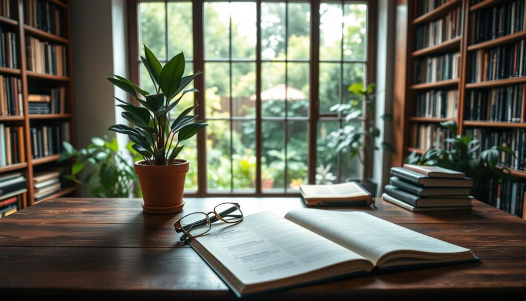 A serene study filled with the essence of long-term financial security. In the foreground, a wooden desk with a potted plant, a pair of eyeglasses, and a pen resting atop a open notebook. The middle ground features a large window overlooking a lush, verdant garden, allowing natural light to flood the room. In the background, bookshelves line the walls, their spines hinting at the wealth of knowledge within. The overall mood is one of thoughtful contemplation, where strategic saving and prudent investment strategies take root and flourish, cultivating a sense of enduring financial well-being.