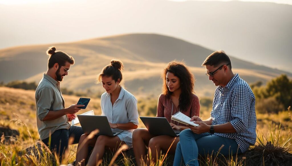 A serene, sun-dappled landscape, with a gentle rolling hill in the background. In the foreground, a group of diverse individuals engaged in various investment activities - studying stock charts, analyzing financial data on laptops, and discussing investment strategies. The scene exudes a sense of thoughtfulness, diligence, and collaborative exploration of smart, sustainable investment opportunities. The lighting is warm and natural, casting a soft, golden glow over the scene. The overall atmosphere conveys a sense of prudent, well-informed financial decision-making, emphasizing the importance of "pametne naložbe" as a complement to careful savings.