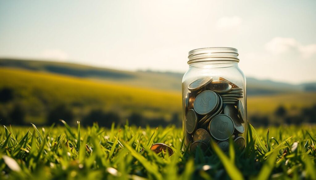 A serene, sun-dappled scene depicting a clear glass jar filled with shimmering coins, nestled amidst a lush, verdant field. The jar's surface catches the warm light, casting a soft, golden glow. In the background, rolling hills and a cloudless sky create a sense of tranquility and open possibility. The composition conveys a sense of financial security, growth, and the attainability of one's financial goals. A 35mm lens captures the scene with a shallow depth of field, drawing the viewer's focus to the central jar and its contents. The overall mood is one of optimism, clarity, and the promise of a bright financial future.