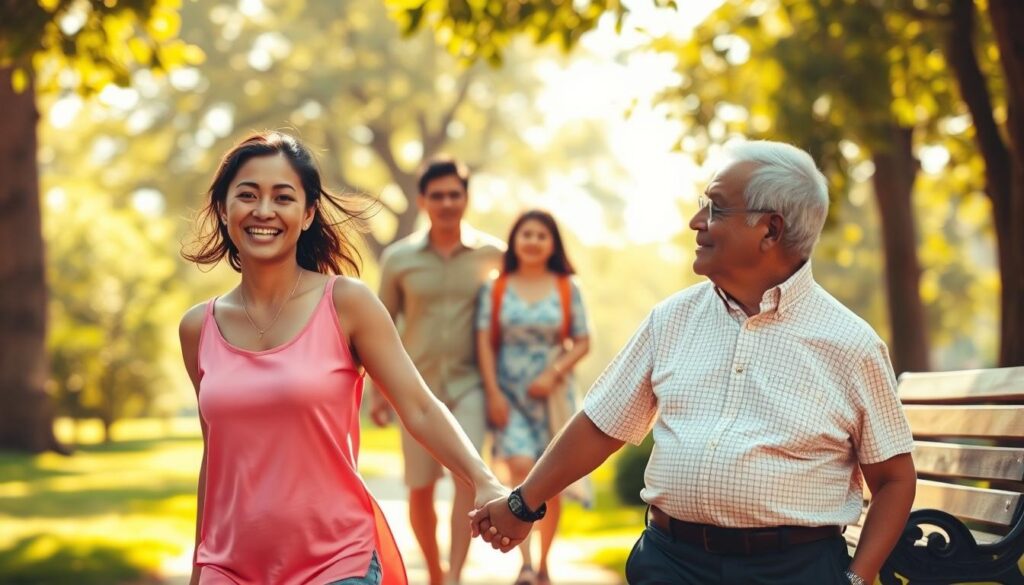 A serene, sun-dappled scene depicting the various stages of life's journey. In the foreground, a vibrant young couple hold hands, radiating energy and optimism. Behind them, a family strolls together, their faces etched with the contentment of mid-life. In the distance, an elderly couple sits on a park bench, their expressions reflecting the wisdom and tranquility of their twilight years. The scene is bathed in warm, golden light, creating a sense of timeless harmony. Soft, blurred edges and a dreamlike quality evoke the fluidity and unpredictability of the "budget yugto ng buhay" - the financial ebbs and flows that accompany each phase of life.