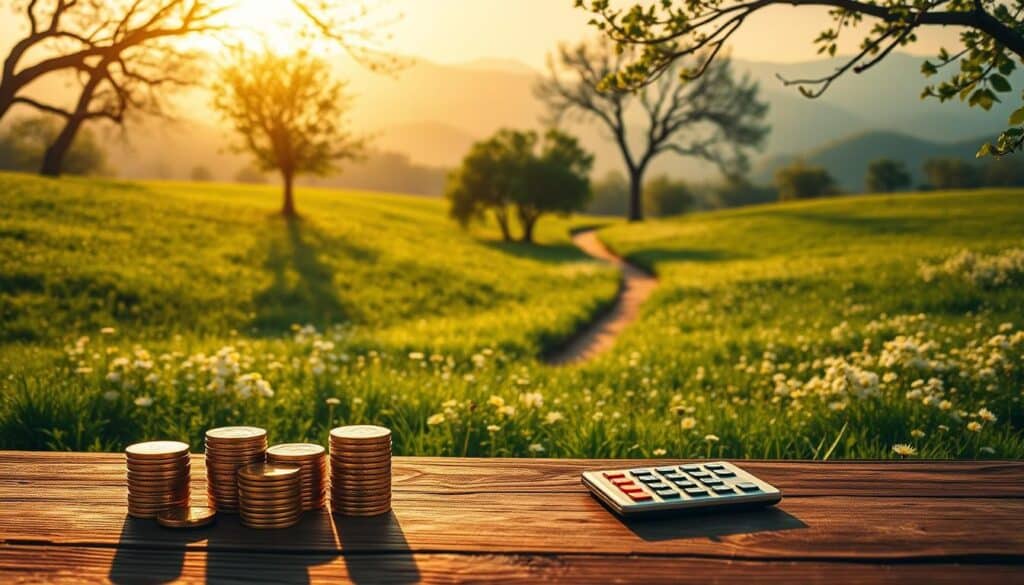 A serene, sun-dappled scene of a lush, rolling meadow dotted with blooming wildflowers. In the foreground, a stack of gold coins, a piggy bank, and a calculator rest atop a wooden table, symbolizing the act of saving and investing wisely. In the middle ground, a tree-lined path winds through the verdant landscape, inviting the viewer to embark on a journey towards financial freedom. The background is framed by distant mountains bathed in a warm, golden light, conveying a sense of tranquility and abundance. The overall mood is one of harmony, growth, and the rewards of prudent financial decisions.