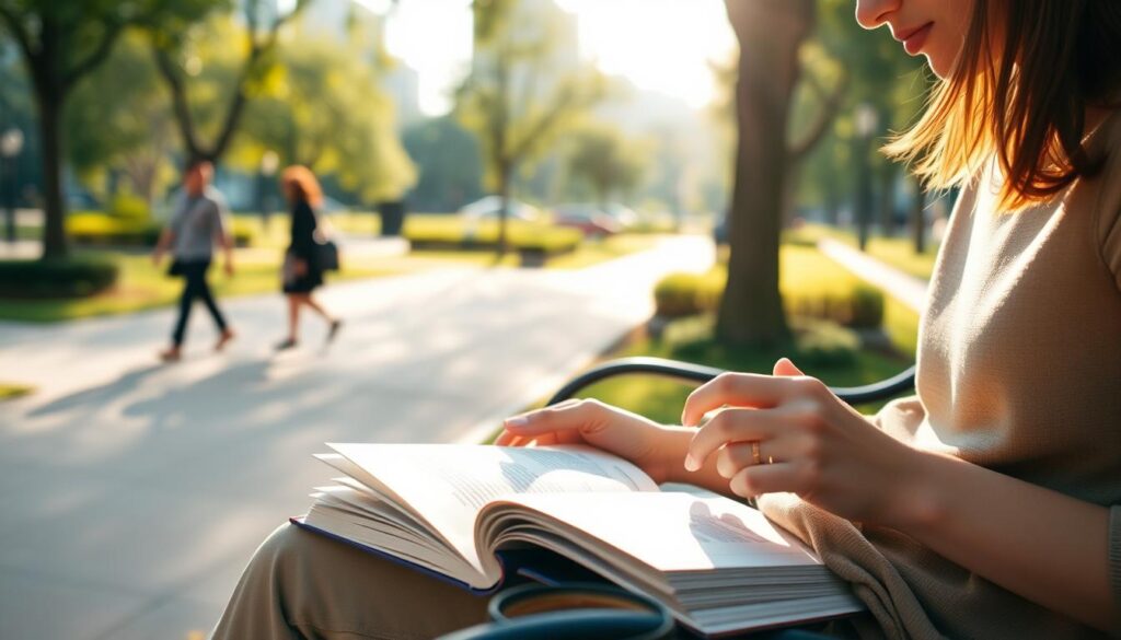 A serene, sun-dappled scene of a young person sitting on a park bench, deeply engrossed in a finance book. The foreground features their hands delicately turning the pages, with a cup of coffee beside them. The middle ground showcases a tranquil urban landscape, with lush greenery and a few other people strolling by. The background is softly blurred, creating a sense of peaceful contemplation. The lighting is warm and natural, drawing the viewer's eye to the central figure learning the fundamentals of investing. The overall mood is one of quiet introspection and the start of a financial journey.