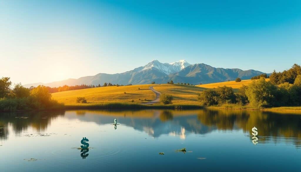 A serene, tranquil landscape of a passive investment strategy. In the foreground, a peaceful pond reflects the surrounding lush greenery and a clear blue sky. Dotted around the edges are low-maintenance index fund symbols, gently floating on the still water. In the middle ground, a winding path leads towards a majestic mountain range, symbolizing the long-term growth potential of passive investing. Soft, diffused lighting casts a calming, golden glow over the entire scene, evoking a sense of stability and confidence. The overall atmosphere is one of simplicity, patience, and steady progress towards financial goals.