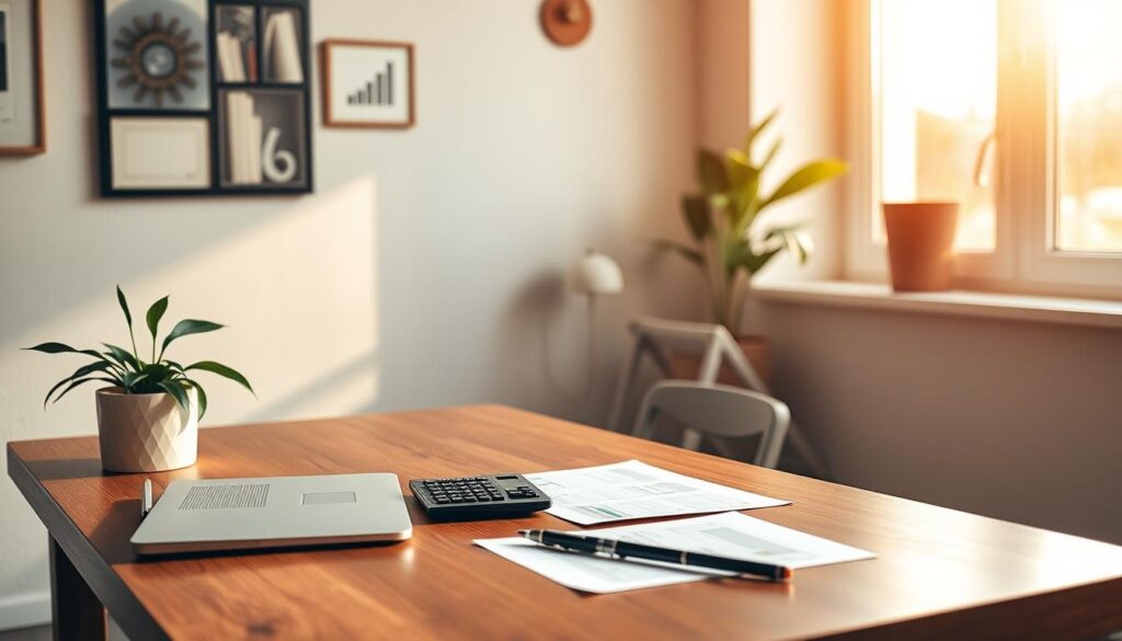 A serene, well-lit home office with a wooden desk, a laptop, and a plant. On the desk, carefully arranged financial documents, a calculator, and a pen. The warm, natural lighting filters through a large window, casting a soft glow on the scene. The walls are adorned with minimalist decor, conveying a sense of organization and productivity. The atmosphere is one of focused, thoughtful financial management, reflecting the strategies for optimizing personal income.