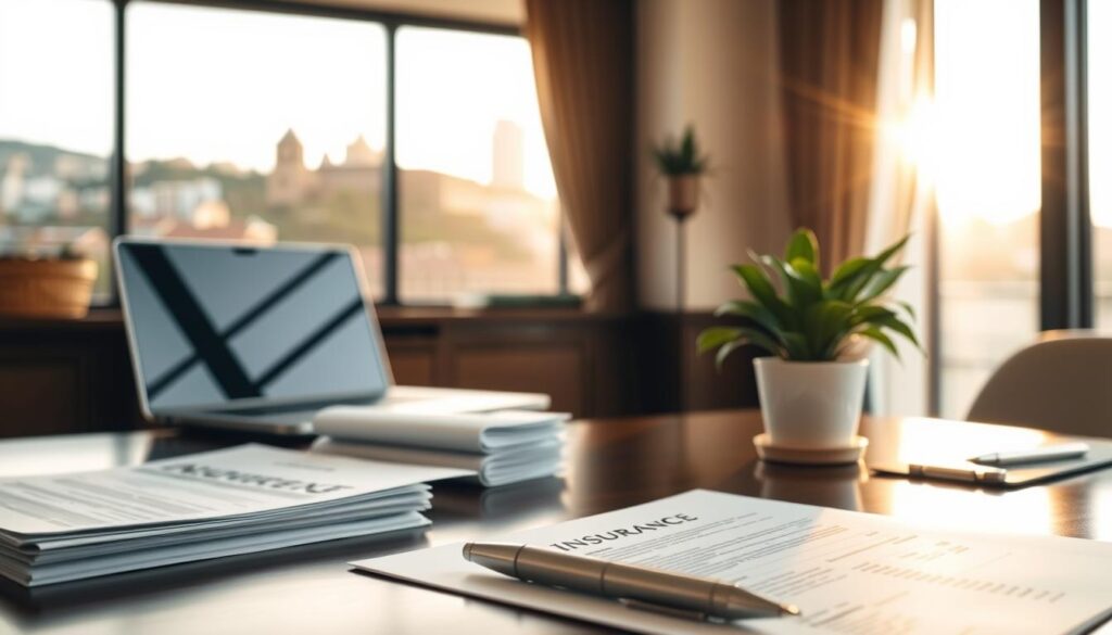 A serene, well-lit interior scene featuring an elegant wooden desk with a laptop, papers, and a potted plant. In the foreground, a stack of insurance documents and a pen stand out prominently. The middle ground showcases a large window overlooking a picturesque cityscape, bathed in warm, golden light. The background gently fades into a soft, muted color palette, creating a sense of tranquility and financial security. The overall mood is one of professionalism, attention to detail, and the importance of property insurance.